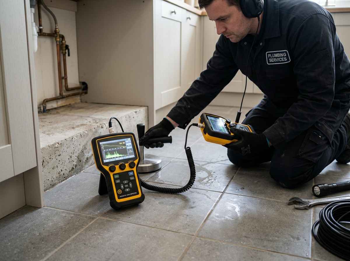 Acoustic and electronic slab leak detection equipment used on Enid concrete slab foundation